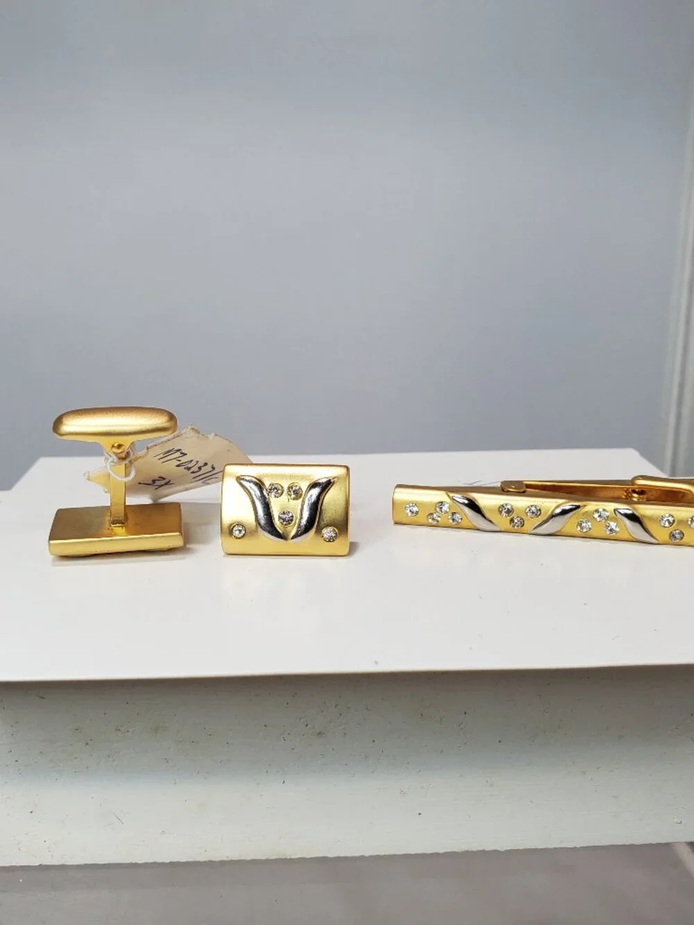 Vintage 14K Gold-Plated Brass with Rhinestones Tie Clip & Cufflinks 3 Pc Set